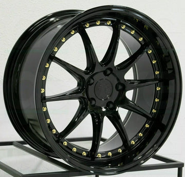 19x8.5 Aodhan DS07 Wheels 5x114.3 +35 Rims 19 Inch Set Gloss Black Gold Rivets