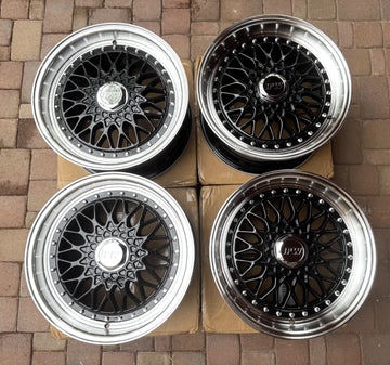 16" Wheels RS Style 16x7.5 4x114.3 / 4x100 +35 CB73.1 Black Machined Lip Set 4